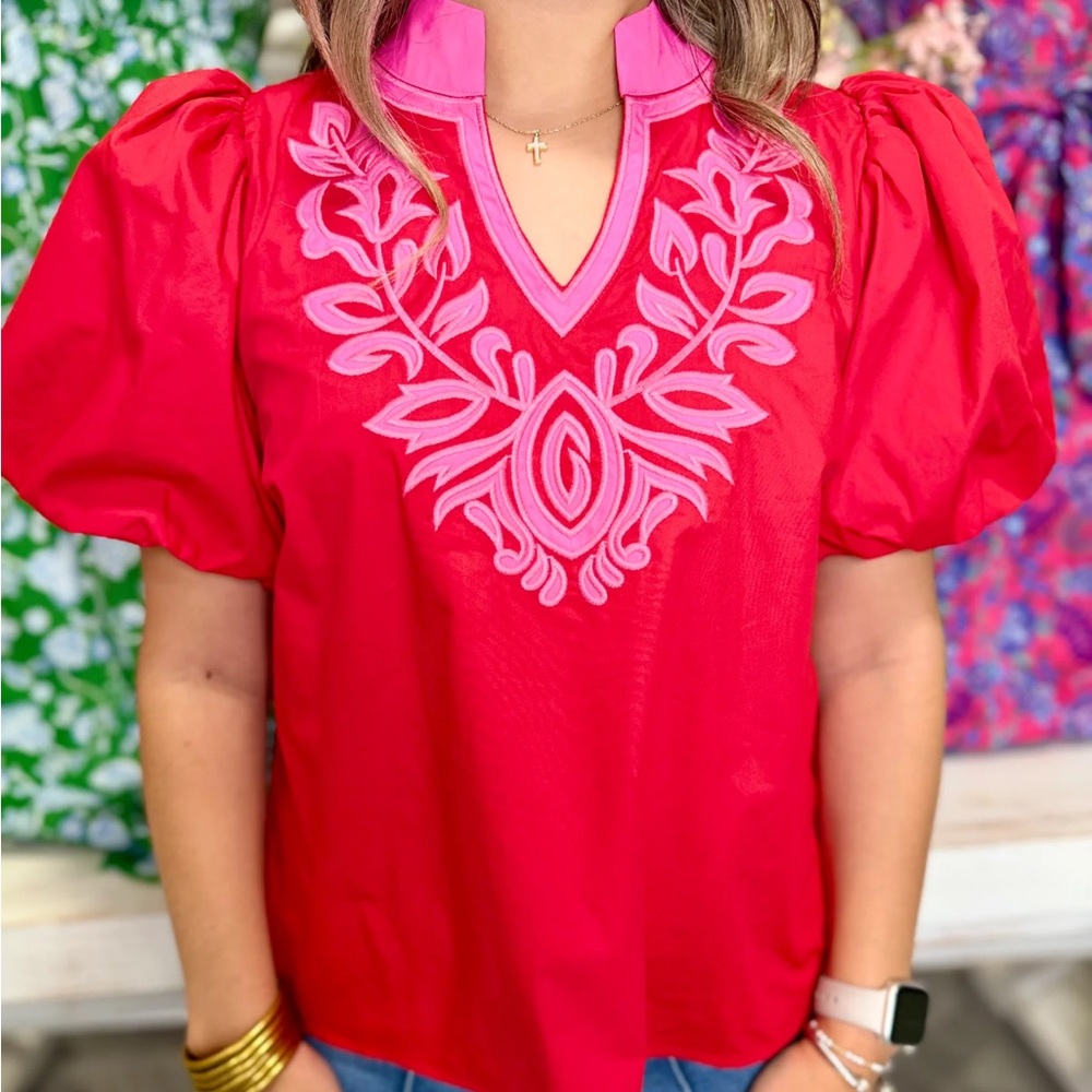 Jodifl Embroidered V-Neck Puff Sleeve Top - Pink